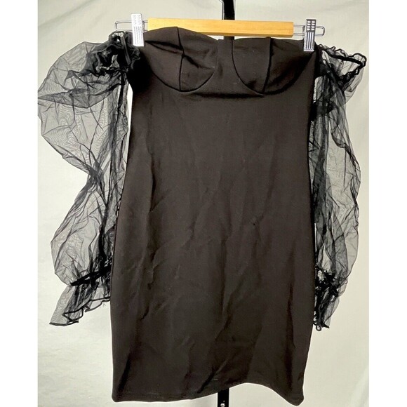 Shein Dress Mini Black Bodycon‎ Puff Sheer Sleeves Stretch Small Party Clubwear - Picture 1 of 4